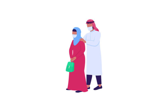 Arabian Husband and Wife in Medical Mask Graphics