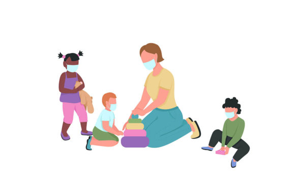 Teacher and Kids in Medical Masks Graphics